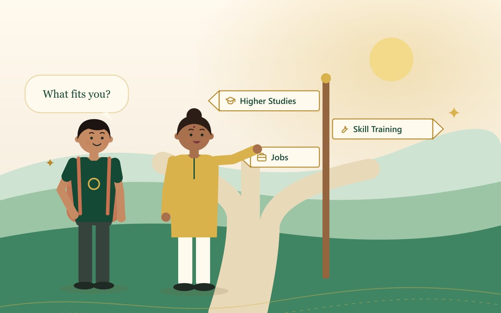Illustration of a flag on a pathway with graduation, career and idea icons