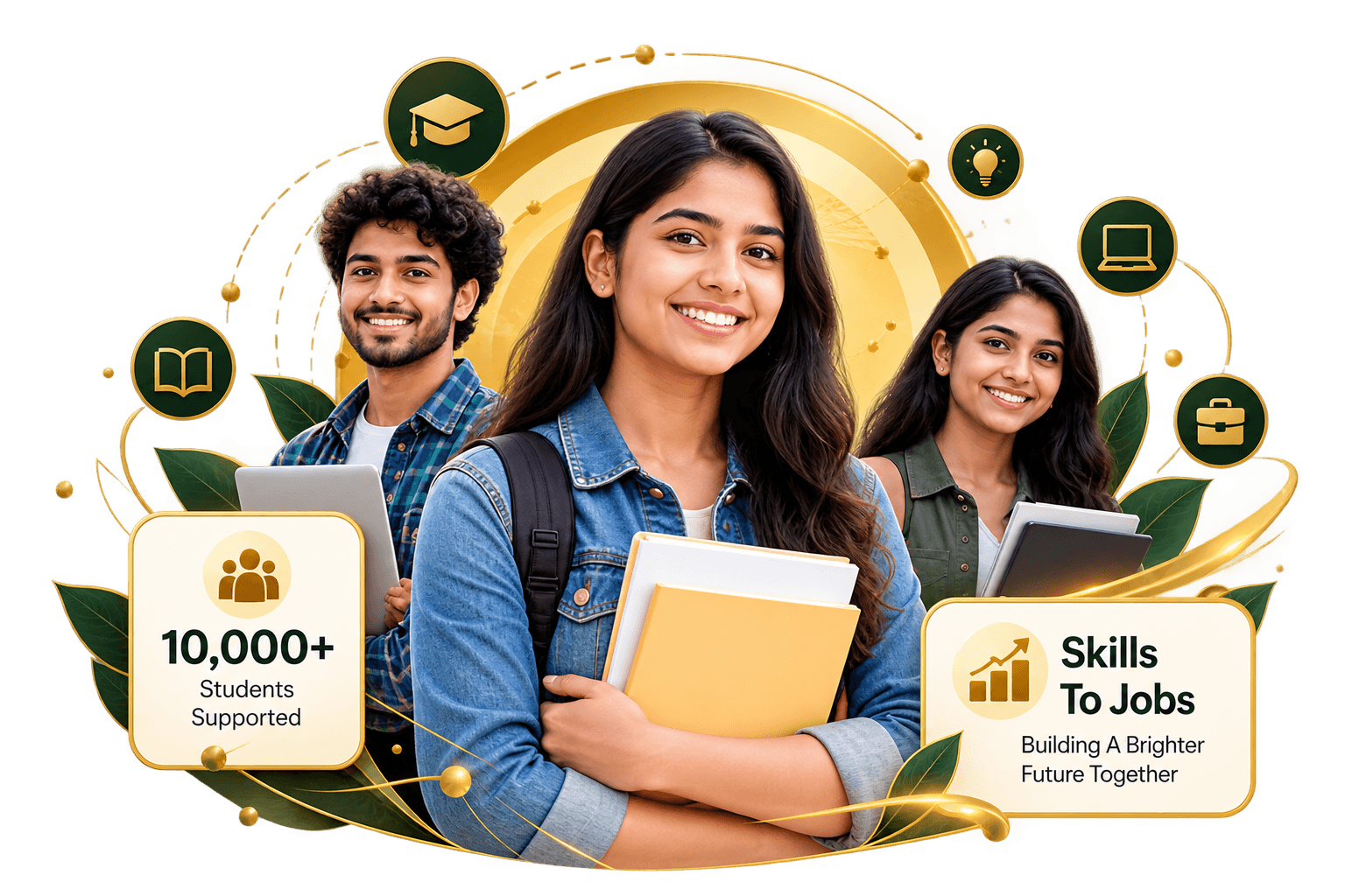 Three smiling students holding books and laptops