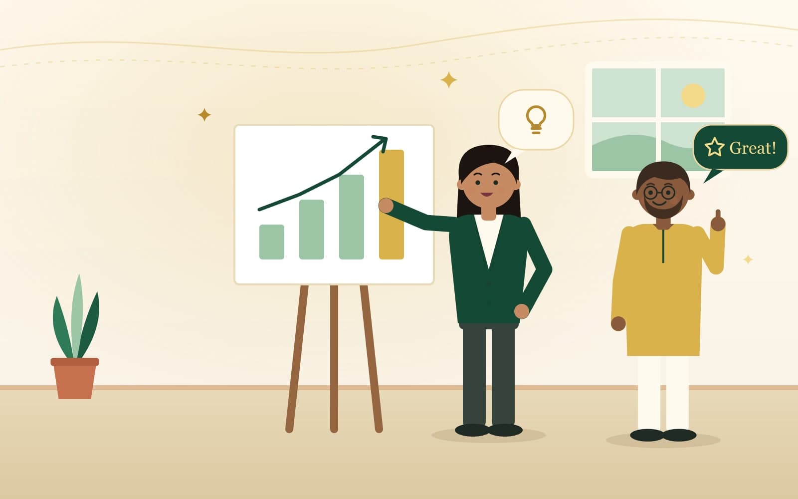 Illustration of a glowing lightbulb with people, conversation and growth icons