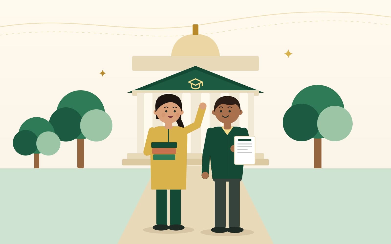 Illustration of a graduation cap with books, a campus building and a growth chart