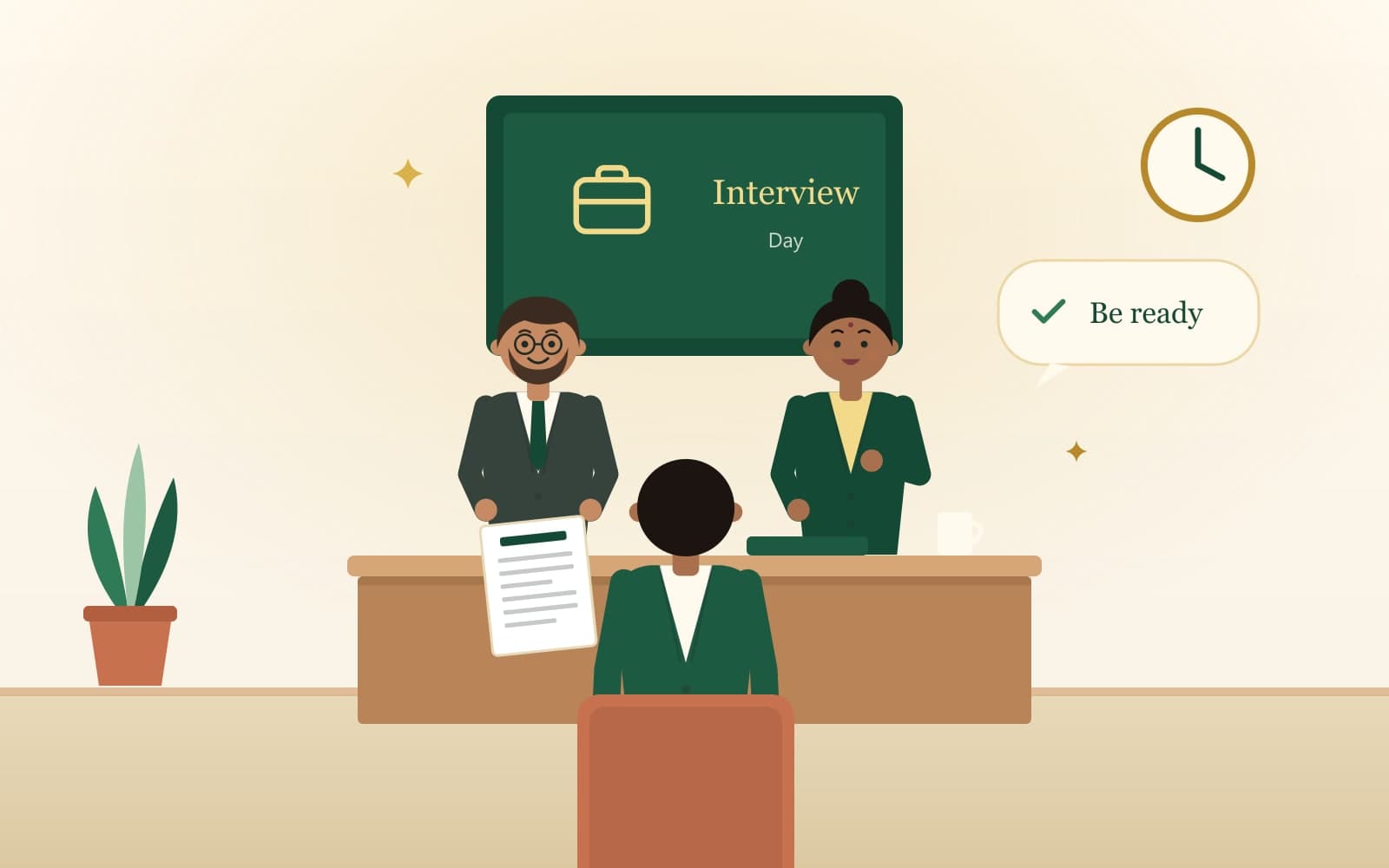 Illustration of a briefcase with interview, team and certificate icons