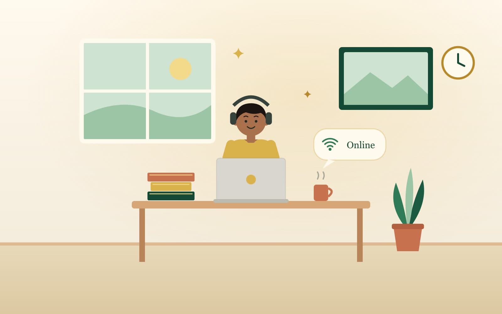 Illustration of a home with a laptop, connectivity and earnings icons